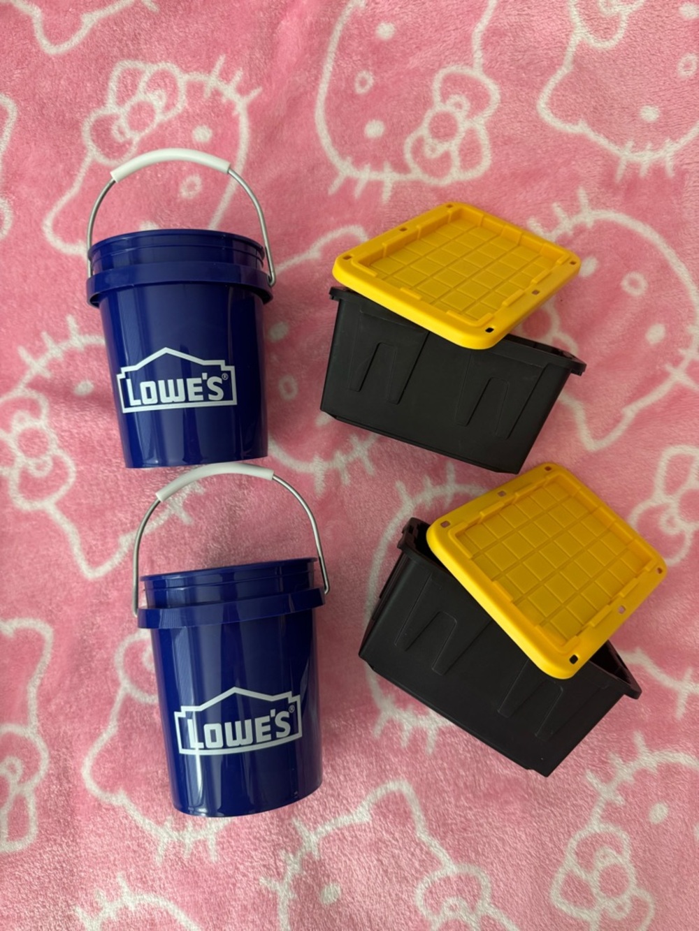 Lowe's Blue Mini Buckets (set of 2) with Yellow-Lid Tiny Totes (set of 2) NEW